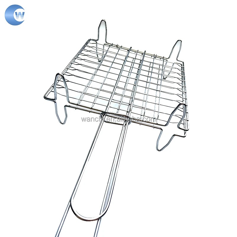 Outdoor Multi-Functional Folding Handle Metal Mesh BBQ Grill Basket Chicken Fish Corn Barbecue Clip
